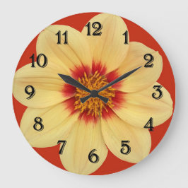 Yellow Dahlia auf Red Floral Große Wanduhr
