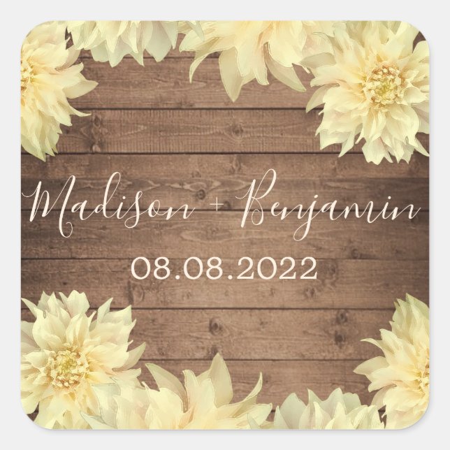 Yellow Dahlia Blume Rustic Wood Wedding Date Quadratischer Aufkleber (Vorderseite)