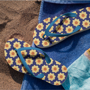 Yellow Dahlia Floral Pattern on Blue Flip Flops