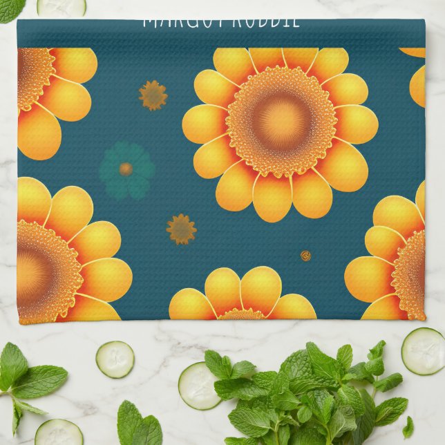Yellow Daisies Blue Background Botanisches Muster Geschirrtuch (Gefaltet)