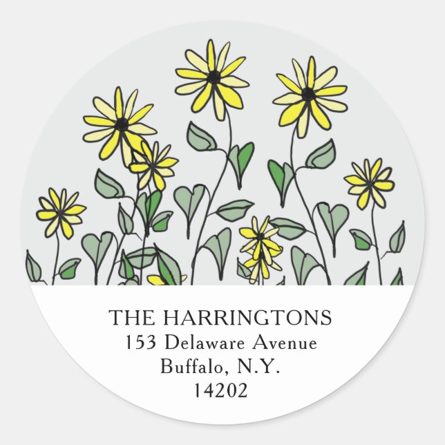 Yellow Daisies HandGezeichnet Rücksendeadresse Runder Aufkleber (Vorderseite)