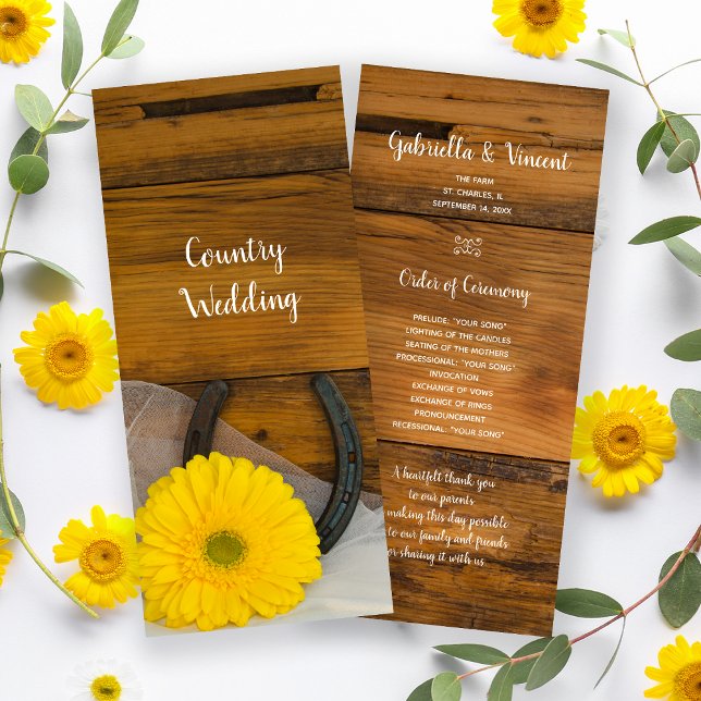 Yellow Daisy and Horseshoe Western Wedding Program Programm (Von Creator hochgeladen)