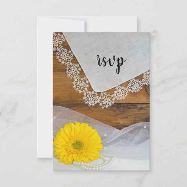 Yellow Daisy and Lace Country Barn Wedding RSVP Karte (Vorderseite)