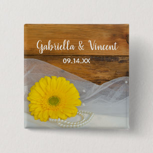 Yellow Daisy and Pearls Country Barn Wedding Button