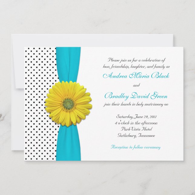Yellow Daisy Aqua Polka Dot Wedding Einladung (Vorderseite)