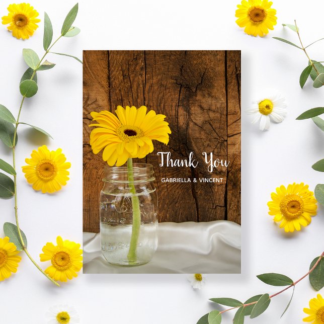Yellow Daisy in Mason Jar Barn Wedding Vielen Dank Dankeskarte (Von Creator hochgeladen)