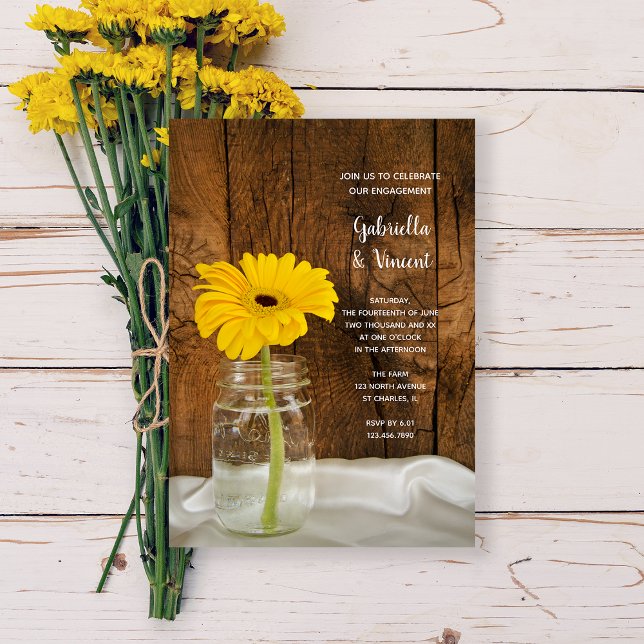 Yellow Daisy in Mason Jar Country Engagement Party Einladung (Von Creator hochgeladen)