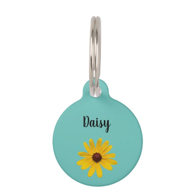 Yellow Daisy Kitty Cat Trendy Aquamarin Haustiermarke (Vorderseite)