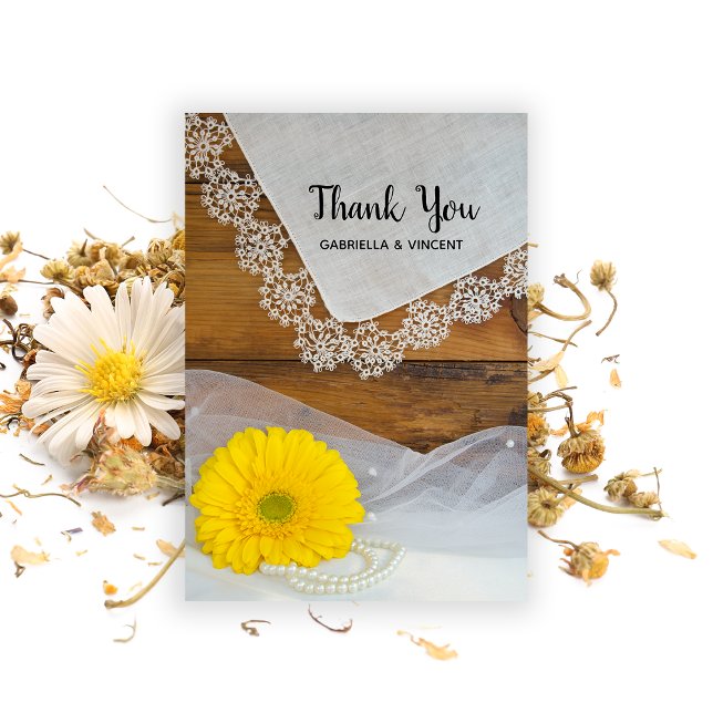 Yellow Daisy Lace Country Barn Wedding Vielen Dank Dankeskarte (Von Creator hochgeladen)