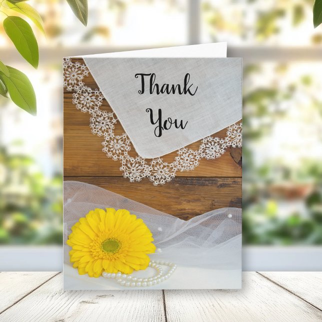 Yellow Daisy Lace Country Barn Wedding Vielen Dank Dankeskarte (Von Creator hochgeladen)