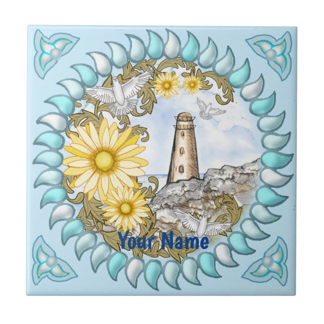 Yellow Daisy Lighthouse Fliese (Vorderseite)