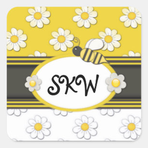 Yellow Daisy Monogram Quadratischer Aufkleber