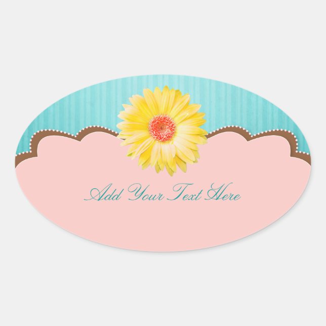 Yellow Daisy on Pink & Aquamarin Customizable Ovaler Aufkleber (Vorderseite)
