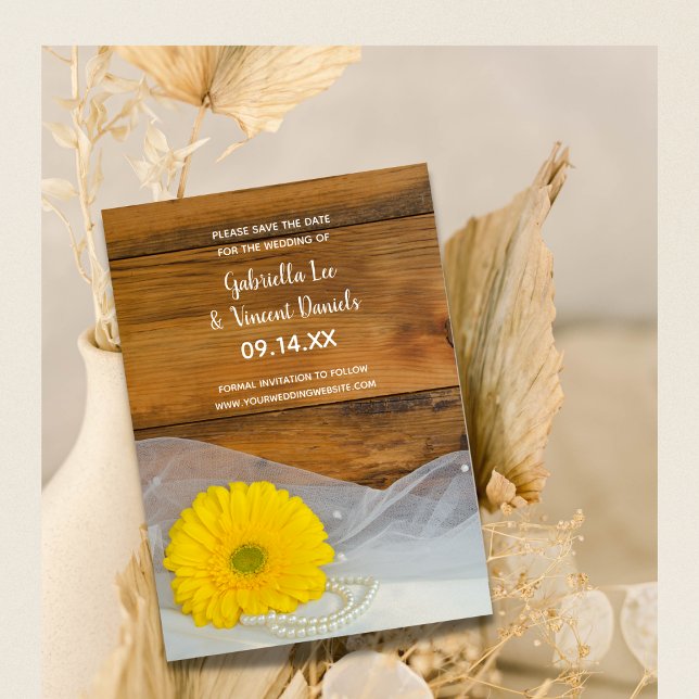 Yellow Daisy Pearls Barn Wedding Save the Date Einladung (Von Creator hochgeladen)