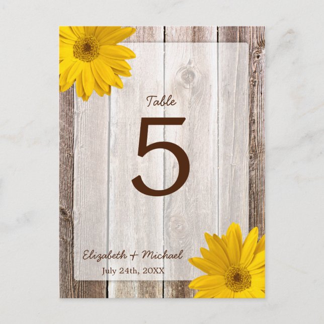 Yellow Daisy Rustic Barn Wood Wedding Tischnummer (Vorderseite)