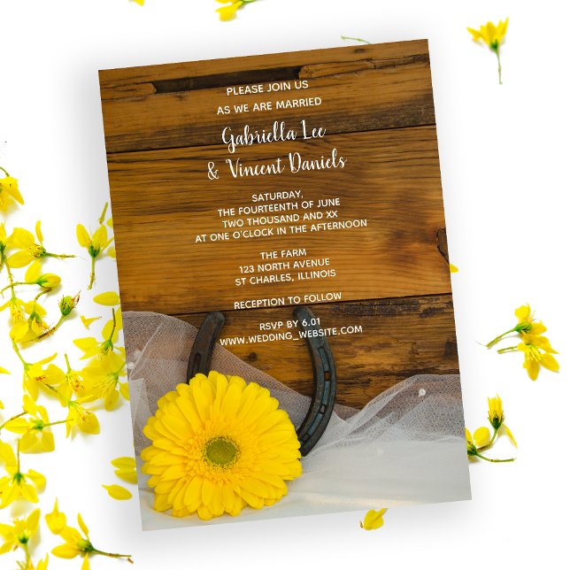 Yellow Daisy und Horseshoe Country Western Wedding Einladung (Von Creator hochgeladen)