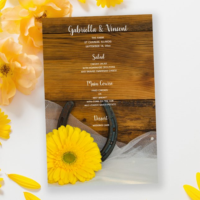 Yellow Daisy und Horseshoe Western Wedding Menu (Von Creator hochgeladen)