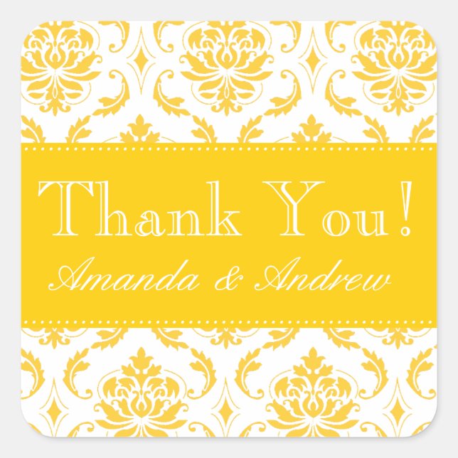 Yellow Damask Personalisiert Wedding Danke Quadratischer Aufkleber (Vorderseite)