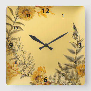 Yellow Dandelions Ferns Greenerity Country Quadratische Wanduhr