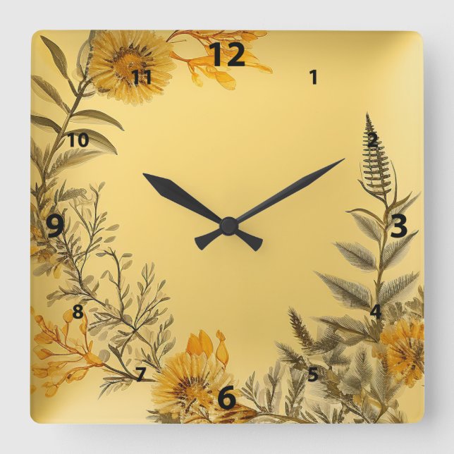 Yellow Dandelions Ferns Greenerity Country Quadratische Wanduhr (Vorderseite)
