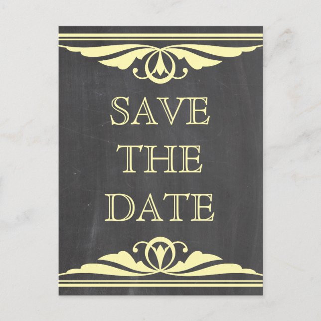 Yellow Deko Chalkboard Save the Date Postkarte (Vorderseite)