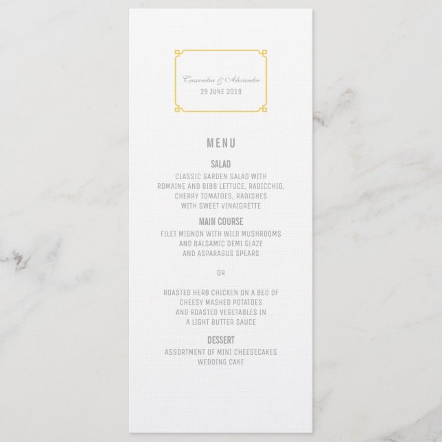 Yellow Deko Chic Wedding Menu Menükarte (Vorderseite)