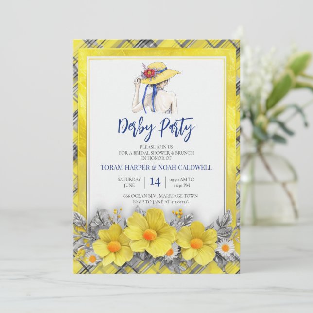 Yellow Derby Party Invitation Bridal Shower Plaid  Einladung (Stehend Vorderseite)