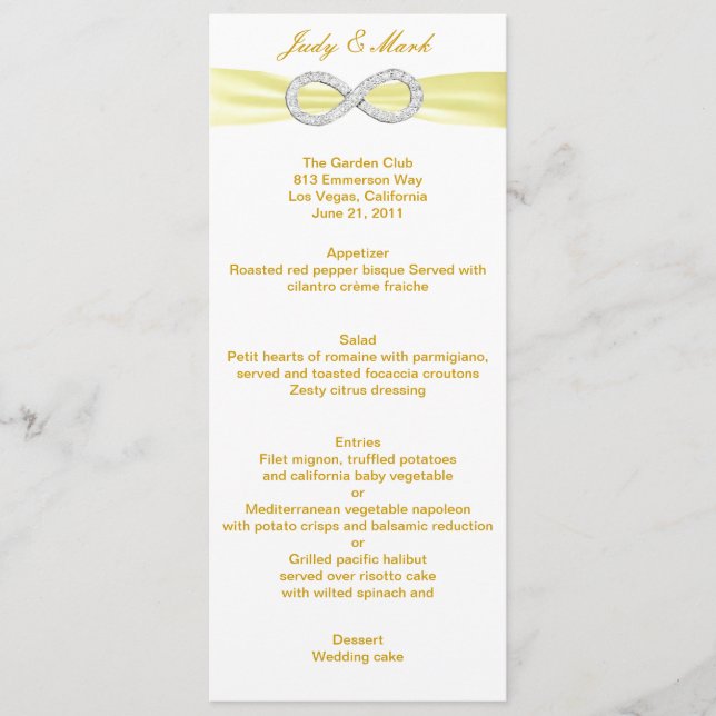 Yellow Diamond Infinity Wedding Menu Card Menükarte (Vorderseite)