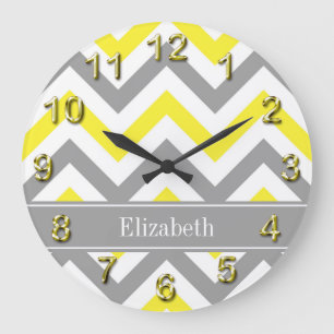 Yellow Dk Gray White LG Chevron Gray Name Monogram Große Wanduhr