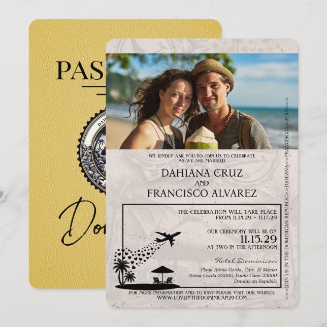 Yellow Dominican Republic Passport Wedding Einladung (Vorne/Hinten)