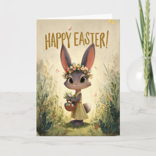 Yellow Dress Flower-Crown Bunny Easter Card Karte (Vorderseite)
