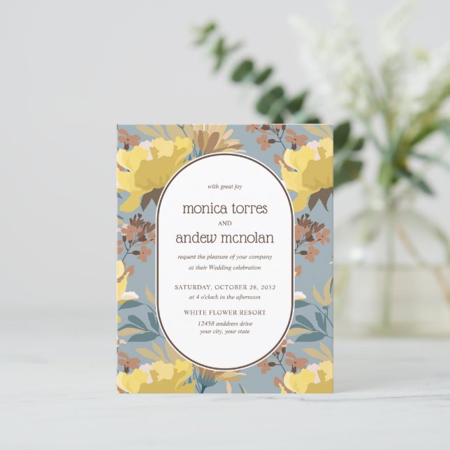 Yellow Dusky blue Brown Florals Vintage Wedding (Stehend Vorderseite)