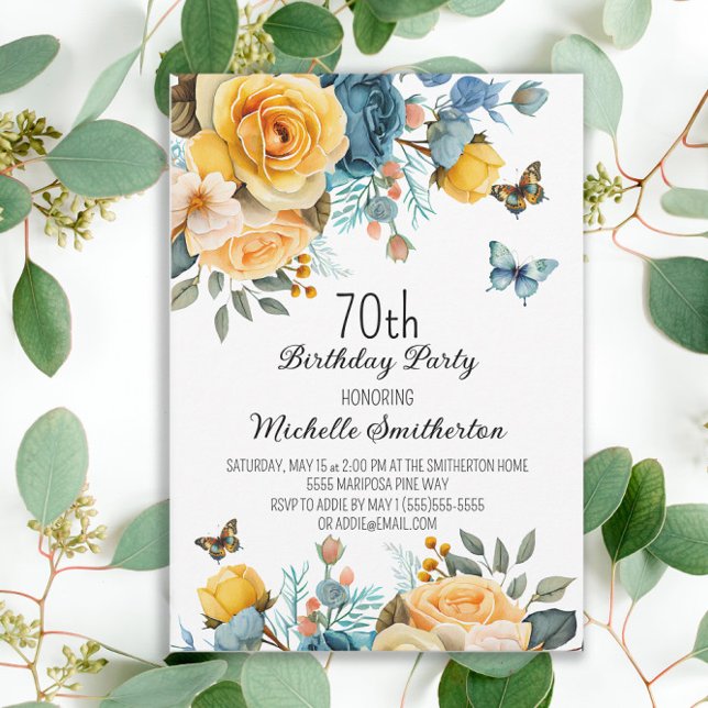 Yellow Dusty Blue Rose Schmetterlinge 70. Geburtst Einladung (Mustard yellow and dusty blue watercolor floral and butterflies women's 70th birthday party invite)