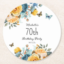 Yellow Dusty Blue Rose Schmetterlinge 70. Geburtst Runder Pappuntersetzer