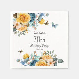 Yellow Dusty Blue Rose Schmetterlinge 70. Geburtst Serviette