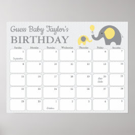 Yellow Elephant Baby Birthday Predication Calendar Poster