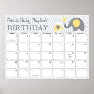 Yellow Elephant Baby Birthday Predication Calendar Poster