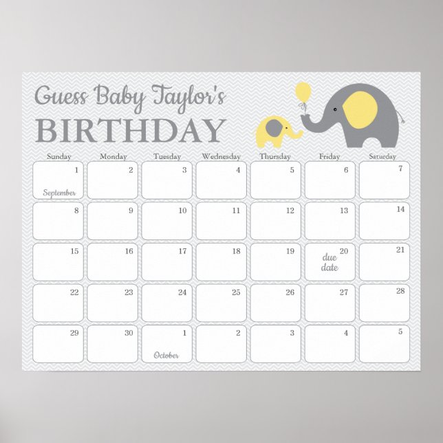 Yellow Elephant Baby Birthday Predication Calendar Poster (Vorne)
