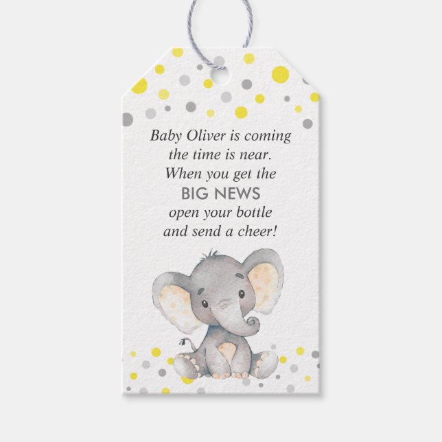 Yellow Elephant Baby Boy Dusche Mini Flasche Gefal Geschenkanhänger (Vorderseite)