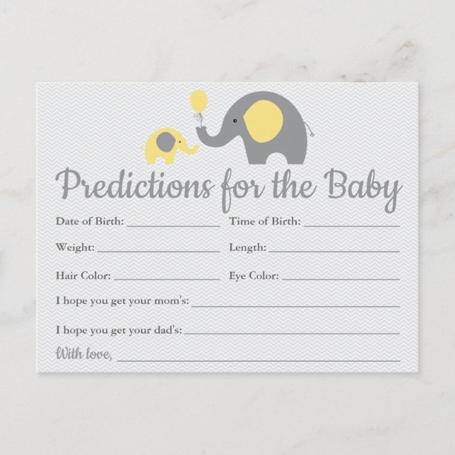 Yellow Elephant Baby Predictions Cards Kinderdusch Einladungspostkarte (Vorderseite)