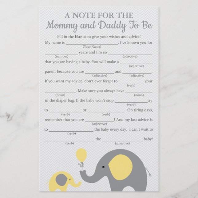 Yellow Elephant Baby Shower Advisor Game Cards (Vorderseite)