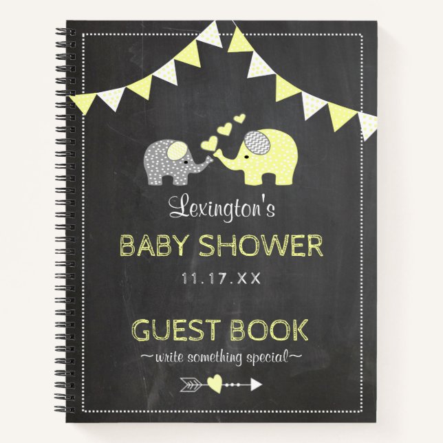 Yellow Elephants Baby Shower Chalk Gästebuch | Notizbuch (Vorderseite)