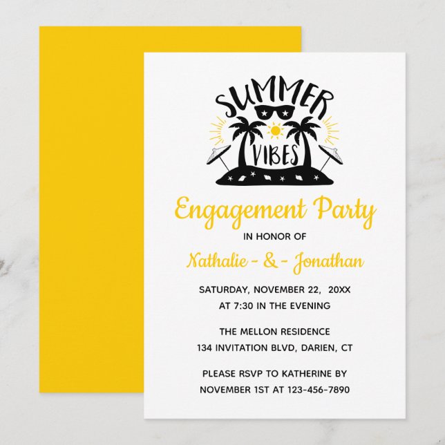 Yellow Engagement Party Tropical Summer Vibes Einladung (Vorne/Hinten)