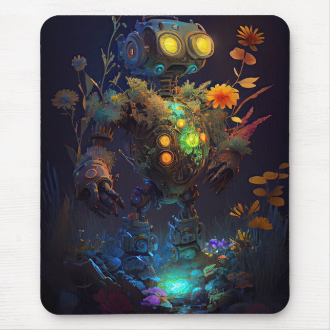 Yellow Eyes Tropical Blume Robot Mousepad (Vorne)
