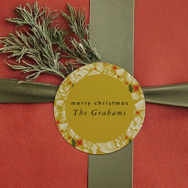 Yellow Festive Botanic Holiday Runder Aufkleber (Yellow Festive Botanical Holiday Classic Round Sticker)