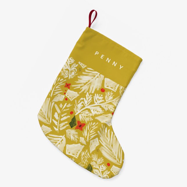 Yellow Festive Botanical Personalisiert Kleiner Weihnachtsstrumpf (Vorderansicht (hängend))
