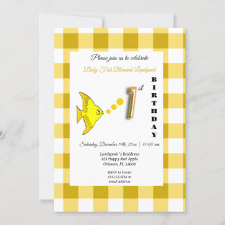 Yellow Fish & Gingham Gold Ballon 1. Geburtstag Einladung