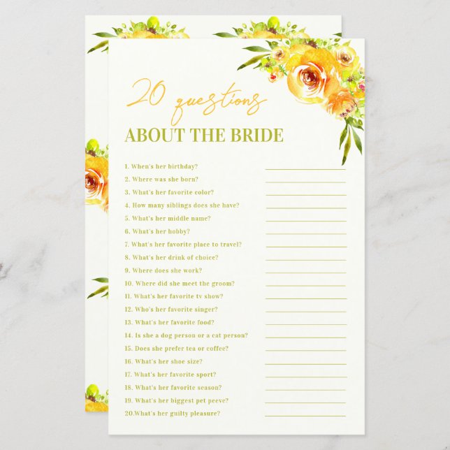 Yellow Floral 20 Questions About the Bride Game (Vorne/Hinten)