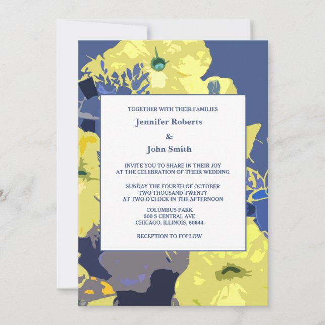 Yellow Floral Blätter Dusty Blue Künstlerisch Wedd Einladung (Vorderseite)
