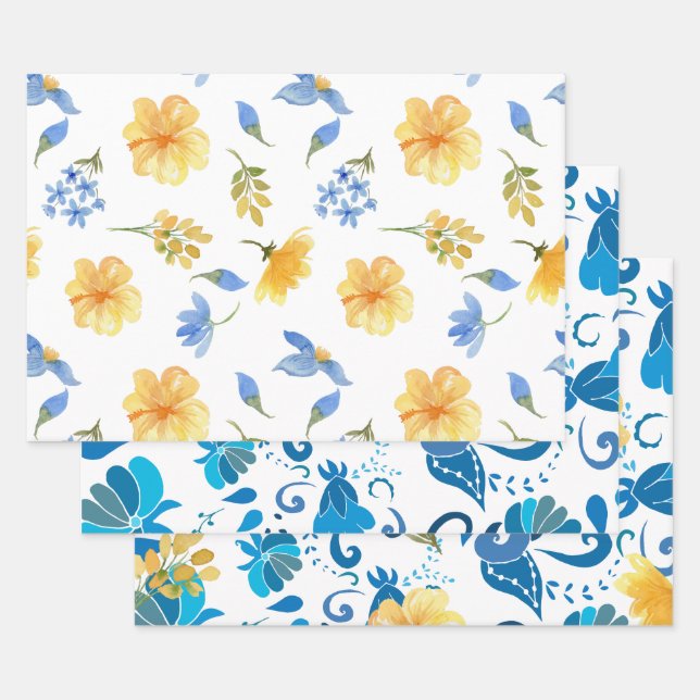 Yellow Floral blue tiles Italian Brautparty Geschenkpapier Set (Set)